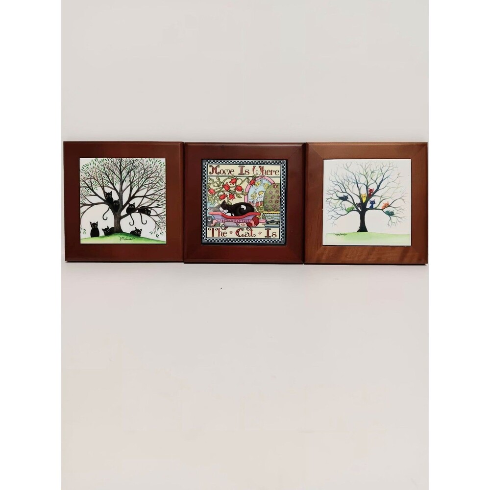 Cats Lot of 3 Trivets / Pictures Wooden Tile 6"×6" Kitchen Decor